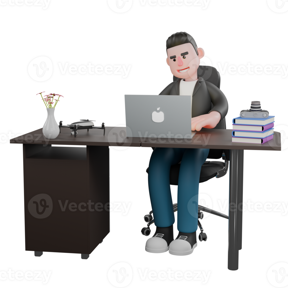 3D Creative Cartoon Cameraman Artwork Design Style Model. A male cameraman sits on a chair with a laptop on a table while typing on a keyboard with both hands. Illustration png