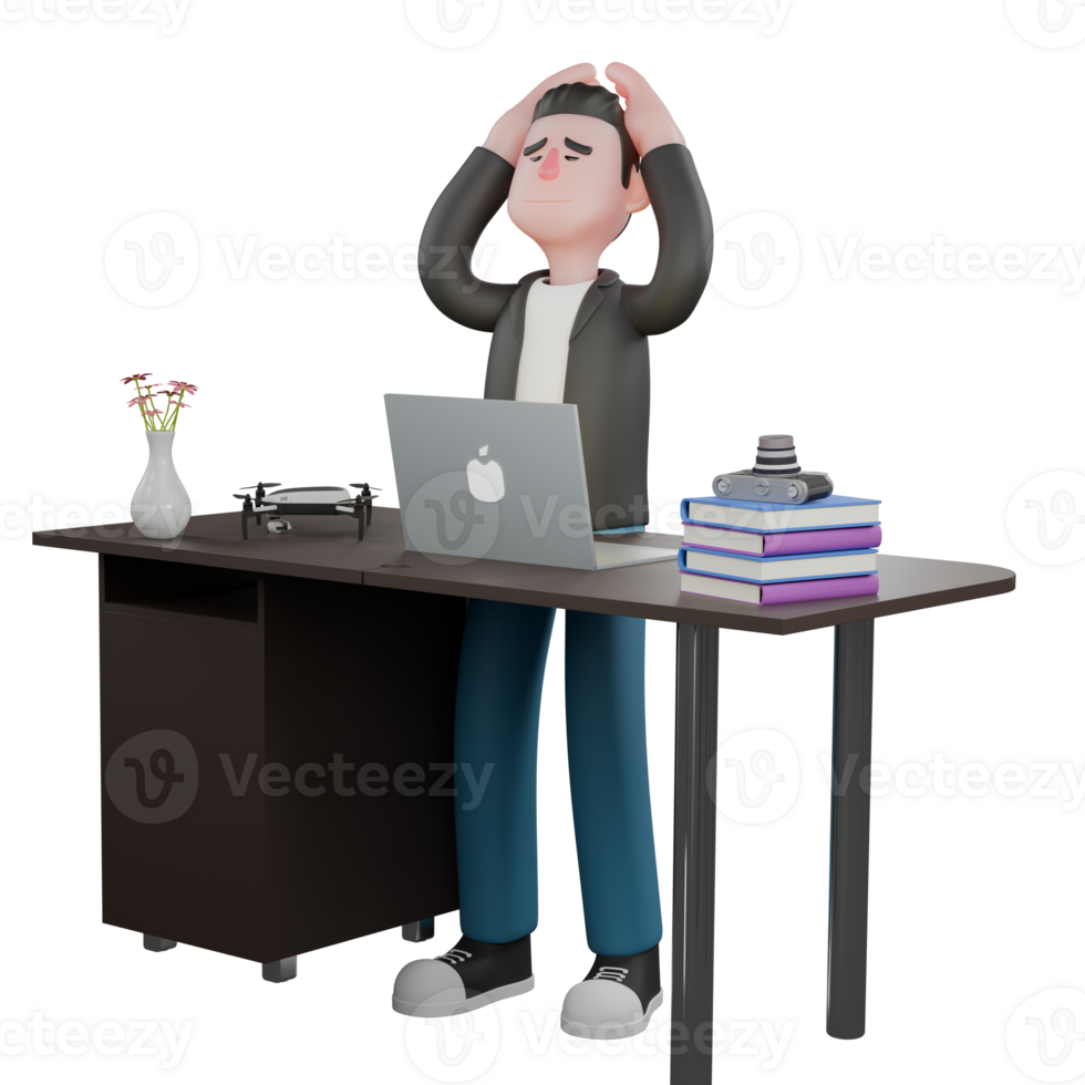 Creative 3D Cartoon Cameraman Artwork in Design Style. A male cameraman stands in front table with both hands holding his head, dizzy expression. Creative Illustration png