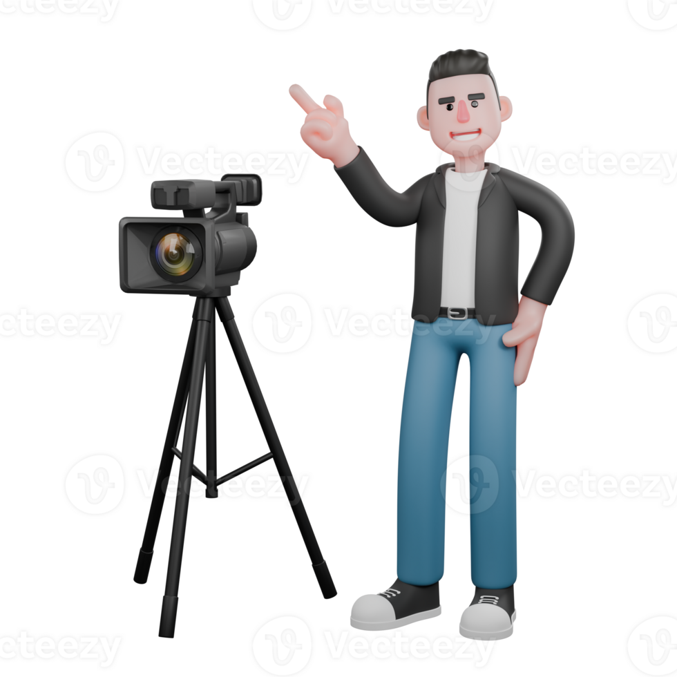 Design of 3D Cartoon Cameraman Character. A male cameraman stands next to a studio camera with his left hand on his waist, and his right hand pointing upwards, as if he is directing an object. png