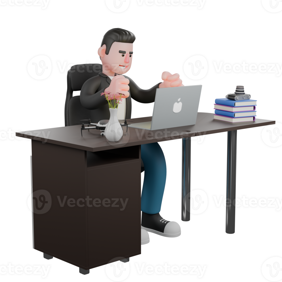 3D Creative Cartoon Cameraman Artwork Design Style Model. A male cameraman sits on a chair with a laptop on the table while both hands are raised, as if he wants to take the laptop. Illustration Model png