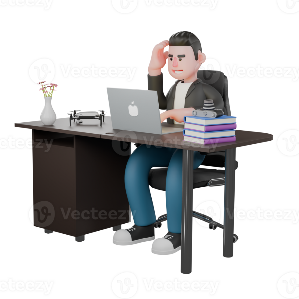 Design in Creative Style Artwork 3D. A male cameraman sits on a chair with a laptop on the table while typing on the keyboard in his left hand, and his right hand holds his head, as if thinking. png