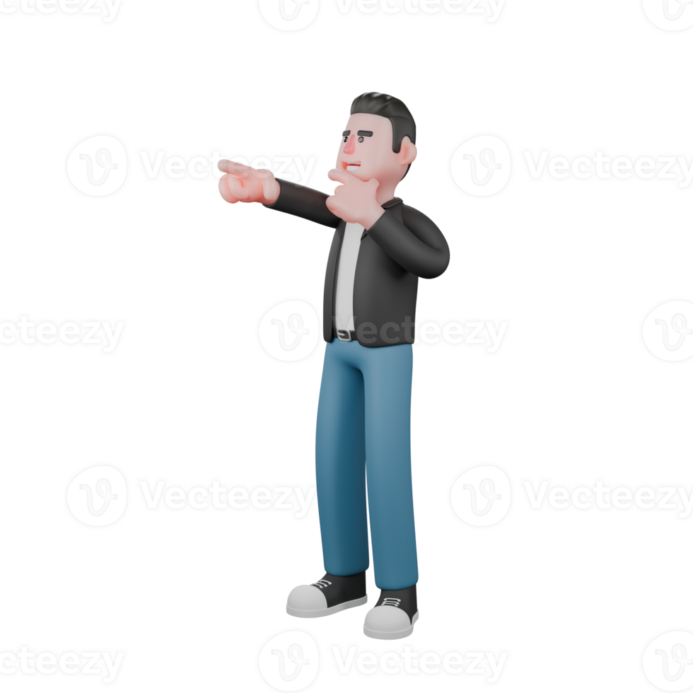 Creative Artwork Design of 3D Cartoon Cameraman Character. A male cameraman stands with his left hand on his chin, and his right hand points forward, as if looking at something. Illustration Model png