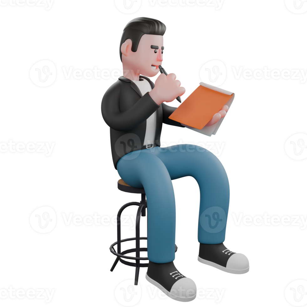 3D Creative Cartoon Cameraman Artwork Design Style Model. A male cameraman sits on a chair with both hands holding a pen and a clipboard, as if writing. Creative Illustration png