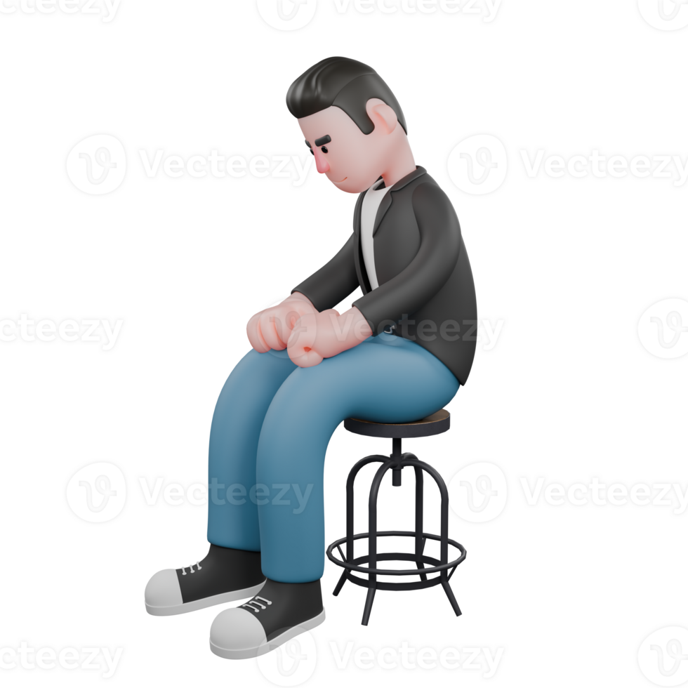 3D Cameraman Character in Cartoon Artwork Design Style. A male cameraman sits on a chair with both hands on his knees while clenching and looking down, desperate expression. Illustration Design png