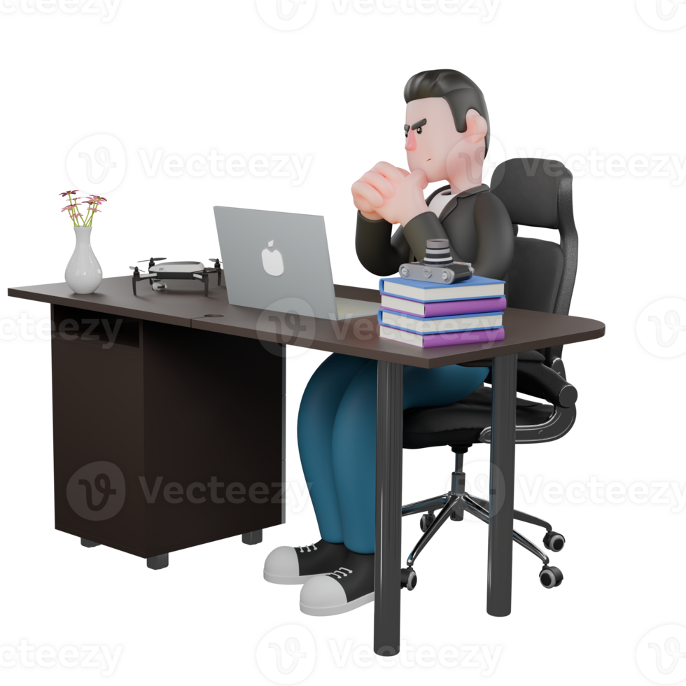 3D Creative Cartoon Cameraman Artwork Design Style Model. A Male Cameraman sits on a chair with a laptop on his table while both hands are clenched on the table, sharp eyes looking forward . png