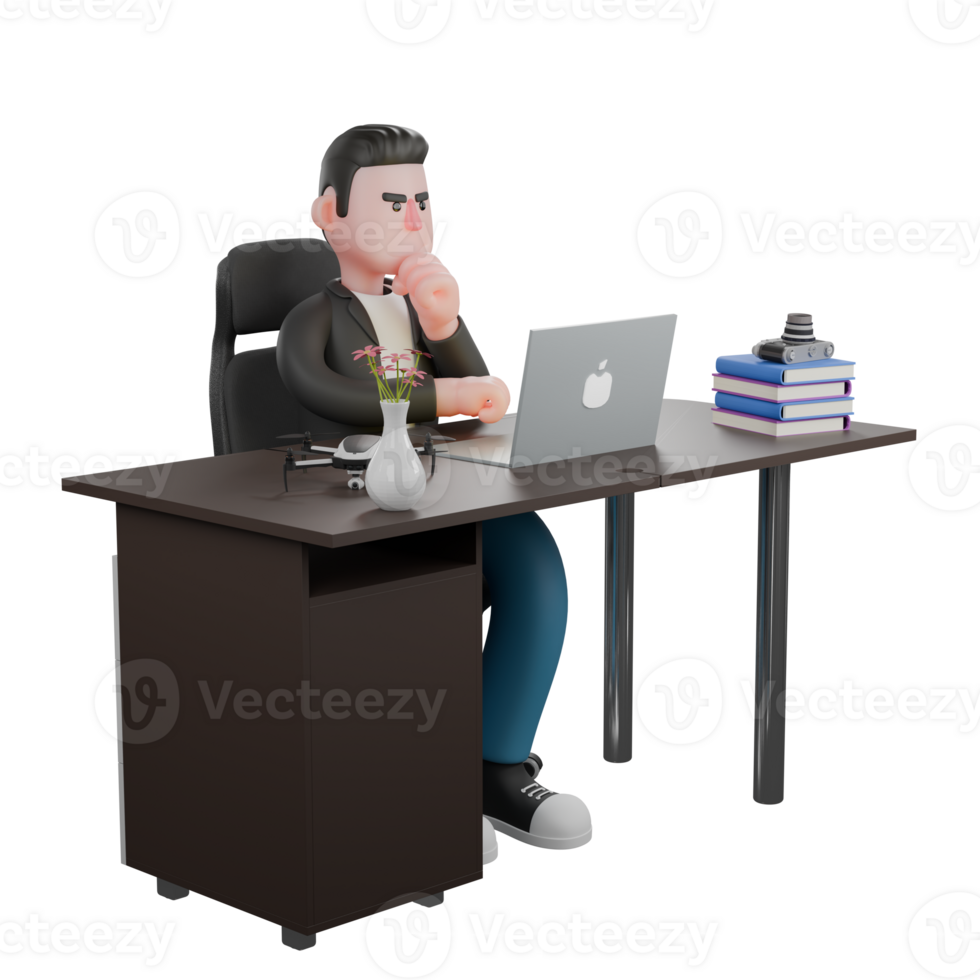 Cameraman Artwork in Creative 3D Cartoon Design Style. A Male Cameraman sits on a work chair with a laptop on the table while his left hand is on his chin, serious expression . Illustration png