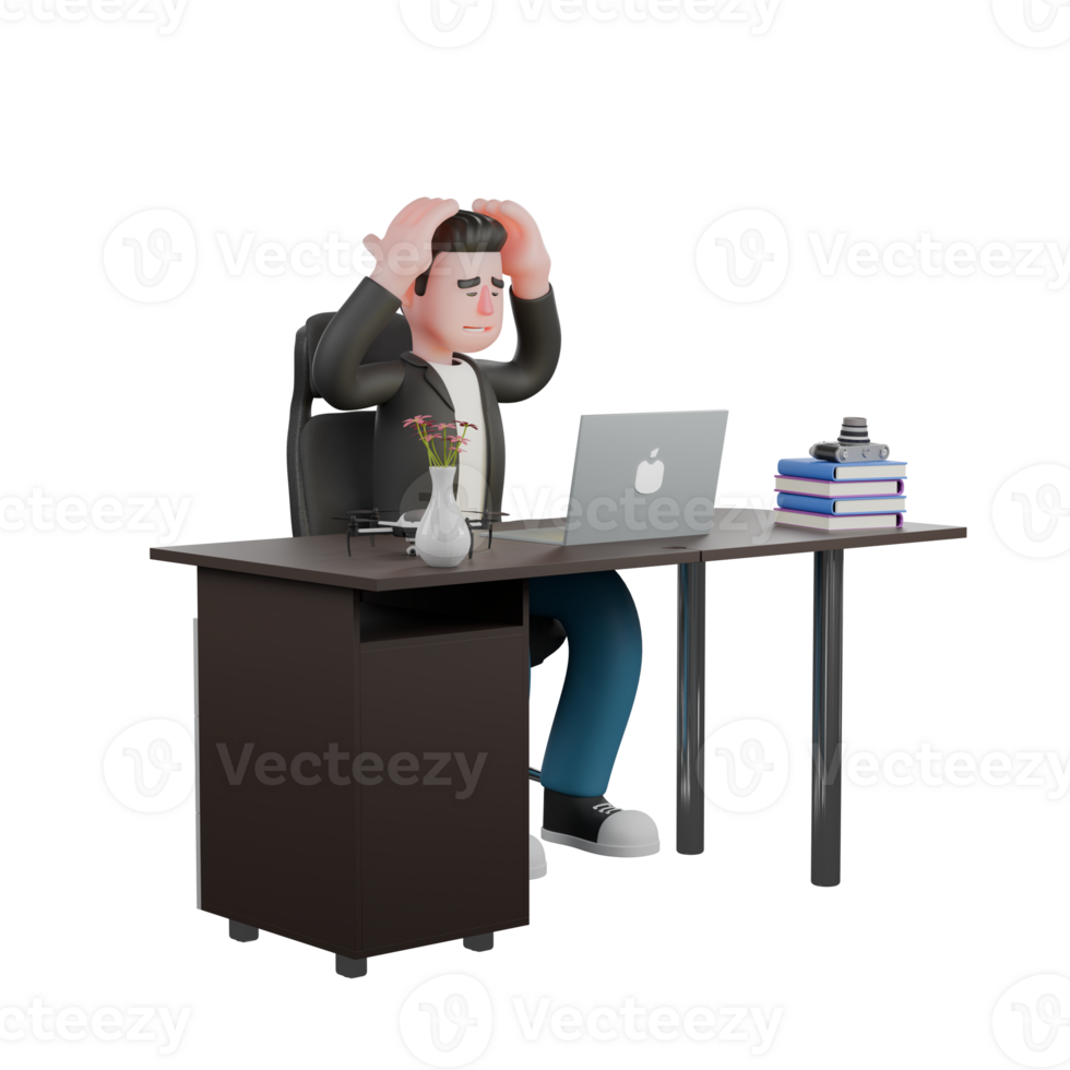 Creative Artwork Design of 3D Cartoon Cameraman Character. A male cameraman sits on a chair with a laptop on the table, both hands holding his head, dizzy expression. Illustration Model png