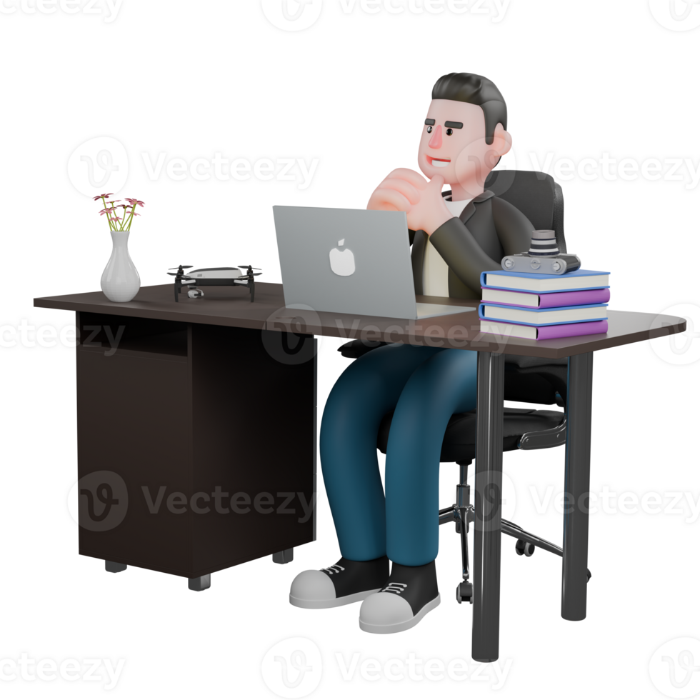 3D Cameraman Character in Cartoon Artwork Design Style. A male cameraman sits on a chair with a laptop on the table while both hands are together, as if talking. Creative Illustration png