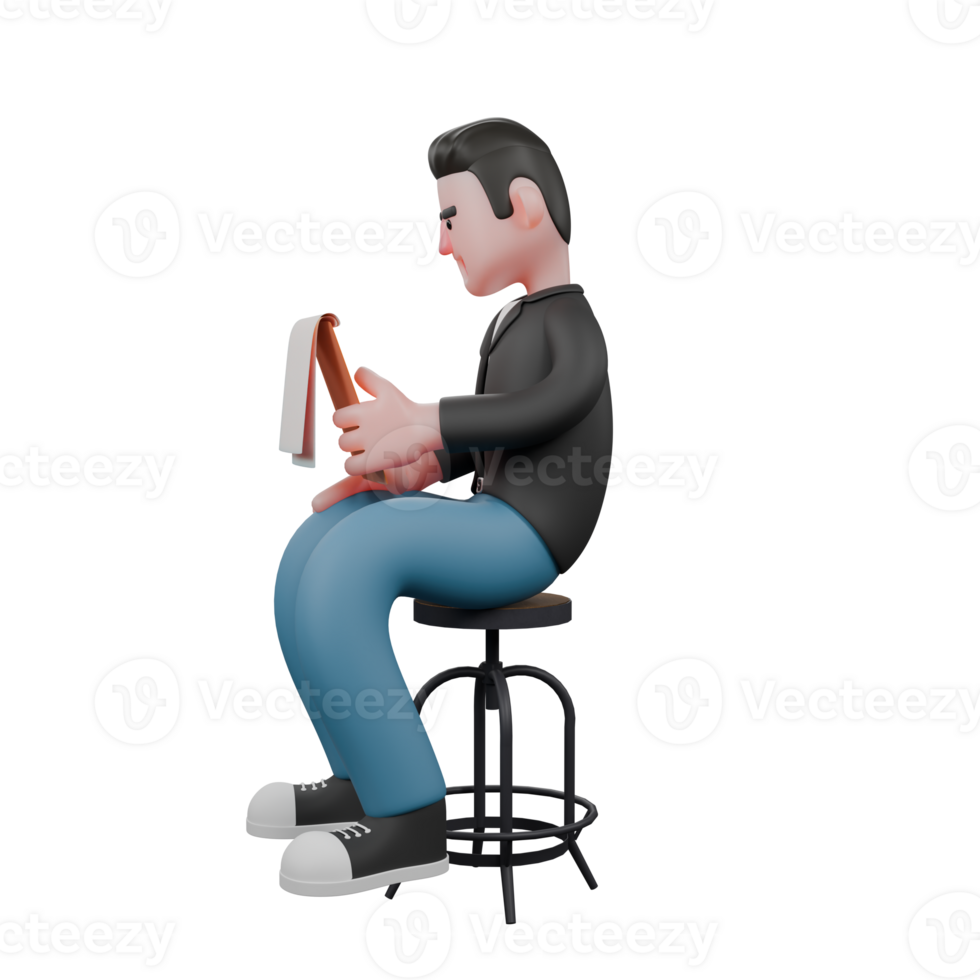 3D Creative Cartoon Cameraman Artwork Design Style Model. A Male Cameraman sits in a chair with his left hand holding a clipboard, checking data with a serious expression . Illustration png