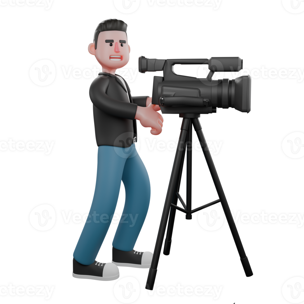 Cartoon Cameraman Design in Creative Style Artwork 3D. A Male Cameraman stands next to the camera with his hands wanting to operate his camera . Illustration png