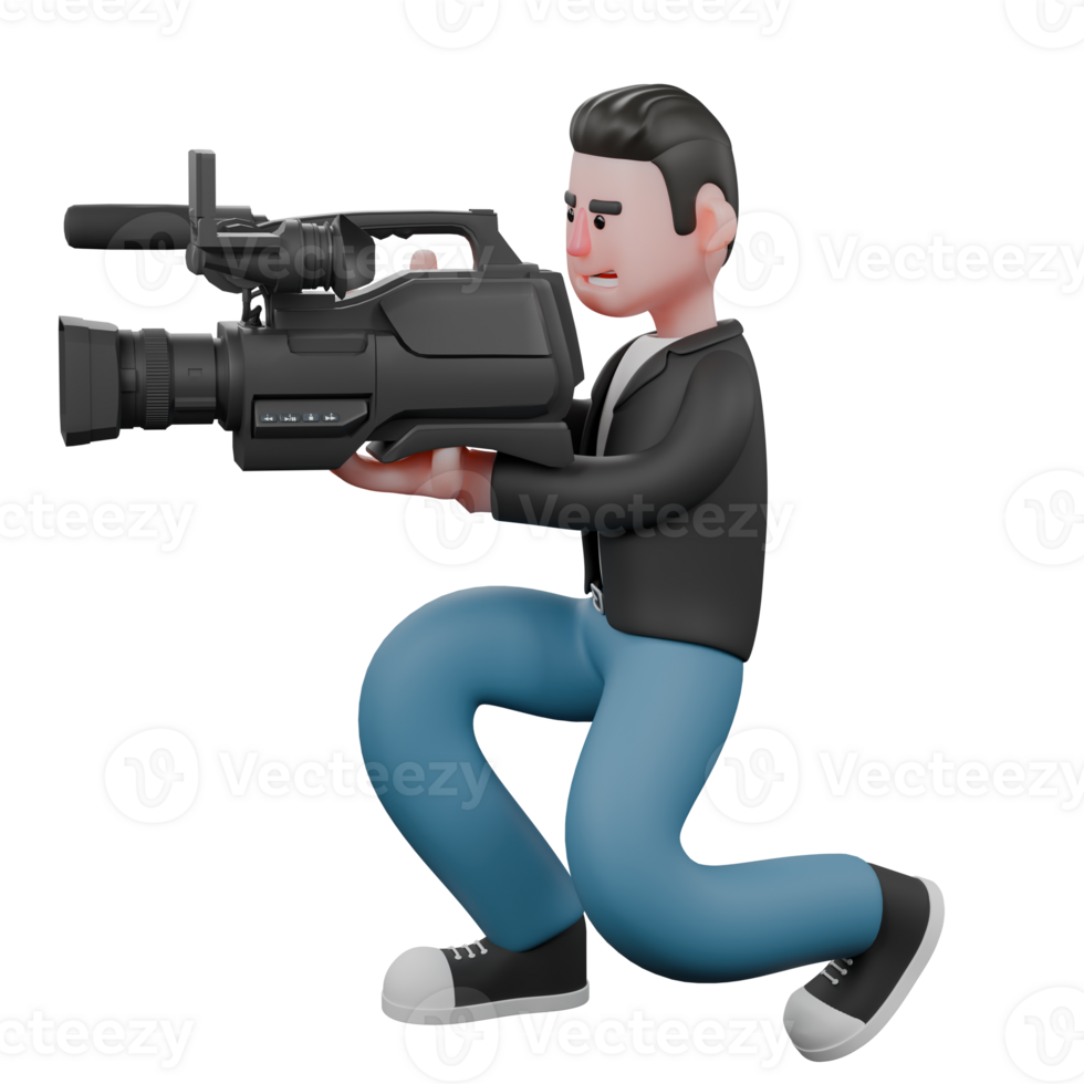 Cartoon Cameraman Design Style Creative Artwork 3D. A Male Cameraman kneels with both hands holding the camera, showing a focused expression . Illustration png