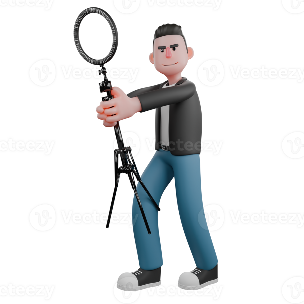 Cartoon Cameraman Design Style Creative Artwork 3D. A Male Cameraman walks to the right with both hands carrying a ring light, ready to work . Illustration png