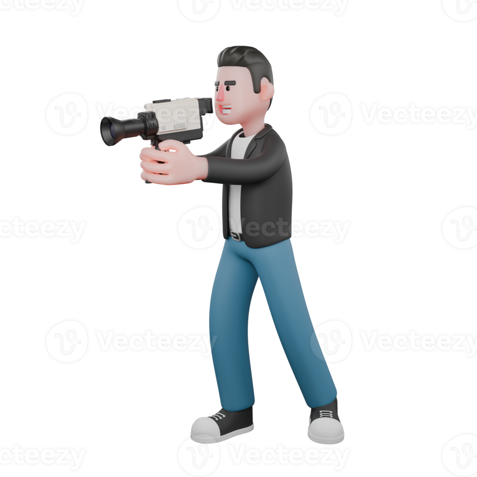 Creative 3D Cartoon Cameraman Artwork in Design Style. A Male Cameraman stands with both hands holding a camera, expression focused forward. Illustration png