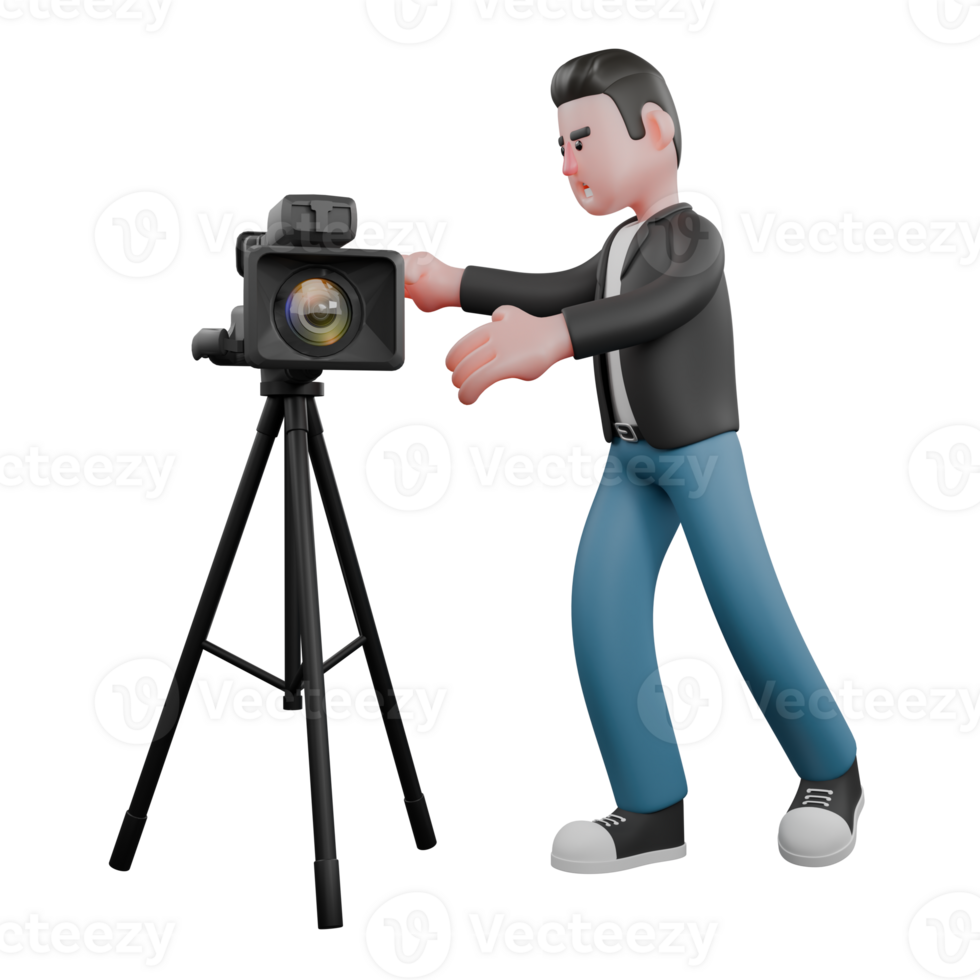 Cartoon Cameraman Design Style Creative Artwork 3D. A Male Cameraman walks to the right while holding a camera . Illustration png