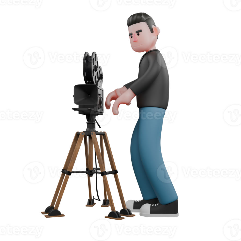 Creative 3D Artwork Design in Cartoon Style of Cameraman. A Male Cameraman stands next to a film camera with both hands as if he wants to operate his camera . Illustration png