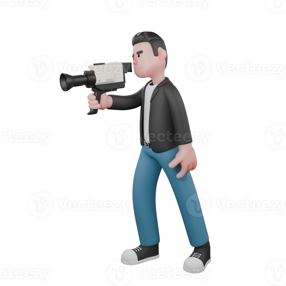 Cameraman Artwork in Creative 3D Cartoon Design Style . A Male Cameraman walks to the right with one hand holding a camera, expression focused. Illustration png