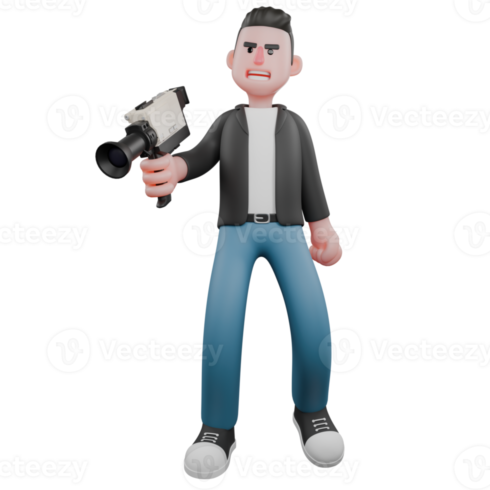 Creative 3D Cartoon Cameraman Artwork in Design Style. A male cameraman is standing facing forward with his left hand holding a film camera with a smiling expression. Illustration png