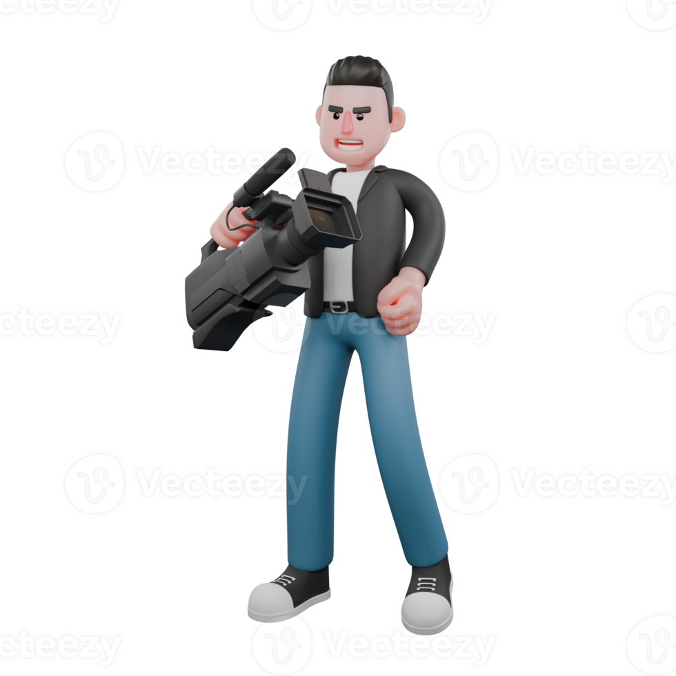 Creative 3D Artwork Design in Cartoon Style of Cameraman. A male cameraman standing facing forward with his left hand holding a film camera with a smiling expression. Illustration png