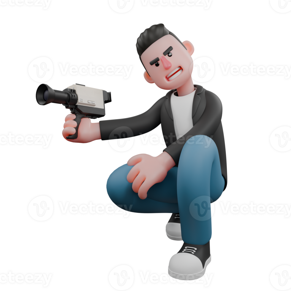 Cartoon Cameraman Design Style Creative Artwork 3D.A male cameraman is crouching with his head slightly tilted to the left and his left hand holding a film camera. Illustration png