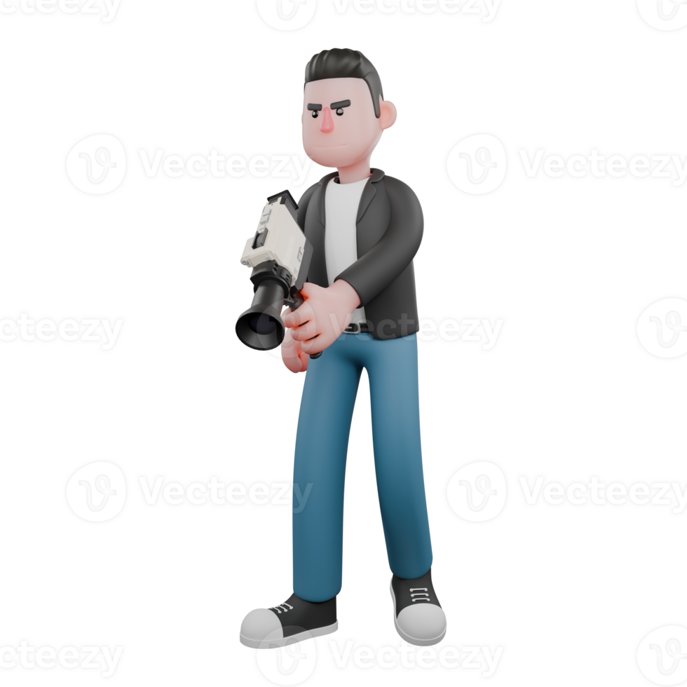 Creative Artwork Design of 3D Cartoon Cameraman Character. A male cameraman is standing with both hands holding a film camera with a slightly angry expression. Illustration png