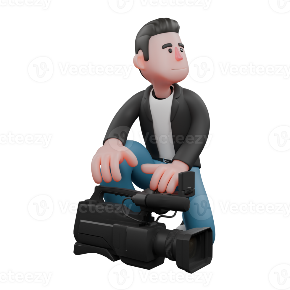 Creative 3D Cartoon Cameraman Artwork in Design Style. A male cameraman is sitting crouched facing forward with both hands as if holding a film camera . Illustration png