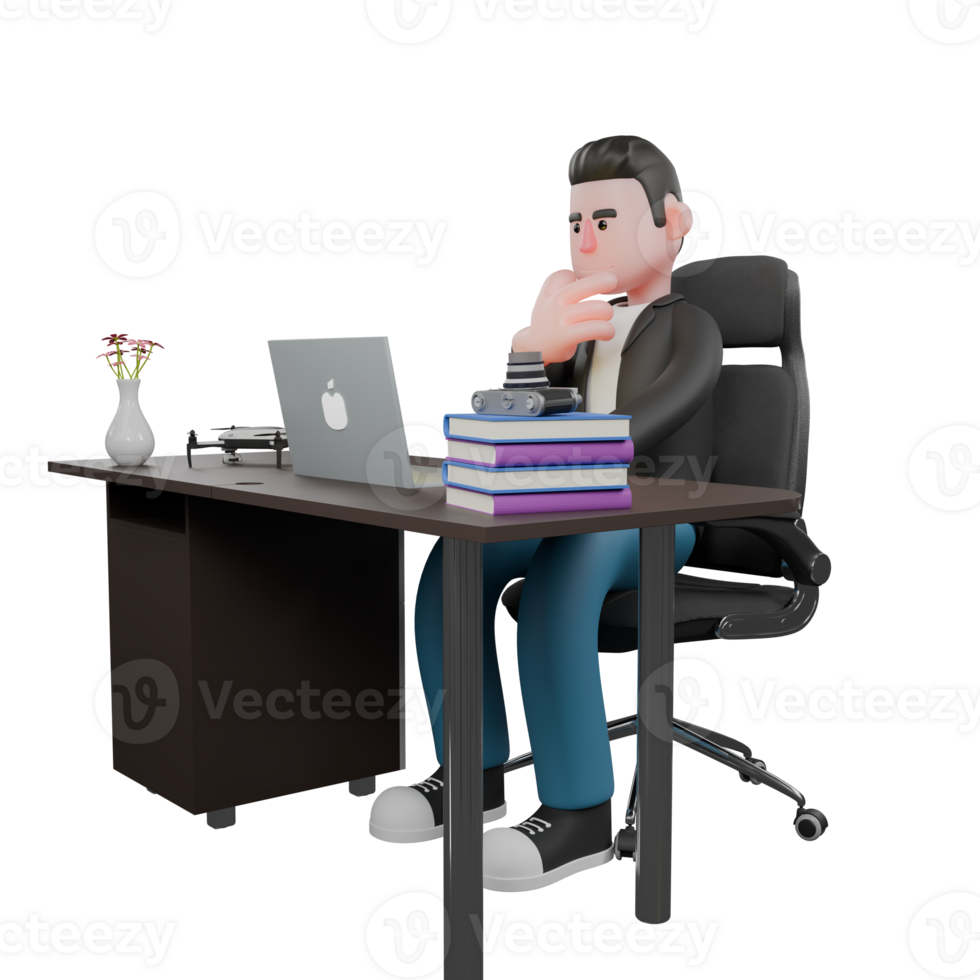 Cameraman Artwork in Creative 3D Cartoon Design Style. A male cameraman sits on a chair with a laptop on the table while his hand is holding his chin, thinking expression . Illustration png