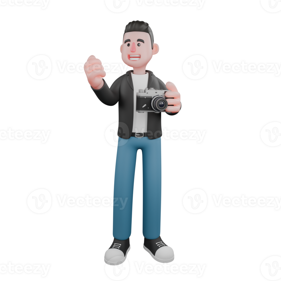 Creative Artwork Design of 3D Cartoon Cameraman Character. A male cameraman stands with his right hand clenched while his left hand is holding a camera, as if he wants to take a picture . Illustration png