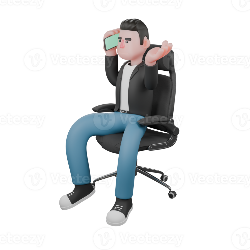 Creative 3D Artwork Design Model of Cartoon Cameraman. A male cameraman sits while answering a phone call held in his right hand, and his left palm is open, as if talking. Illustration png