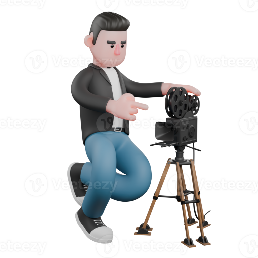 Cartoon Cameraman 3D Creative . A male cameraman is crouching with his left hand holding a cinema camera, and his right hand is pointing towards the camera, as if giving direction to the object. png