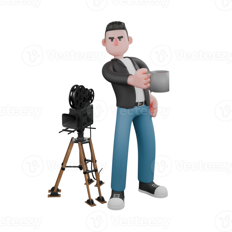 Cartoon Cameraman 3D Creative Artwork Design Style Model. A male cameraman is standing next to the camera with a cup of coffee in his right hand. Illustration png