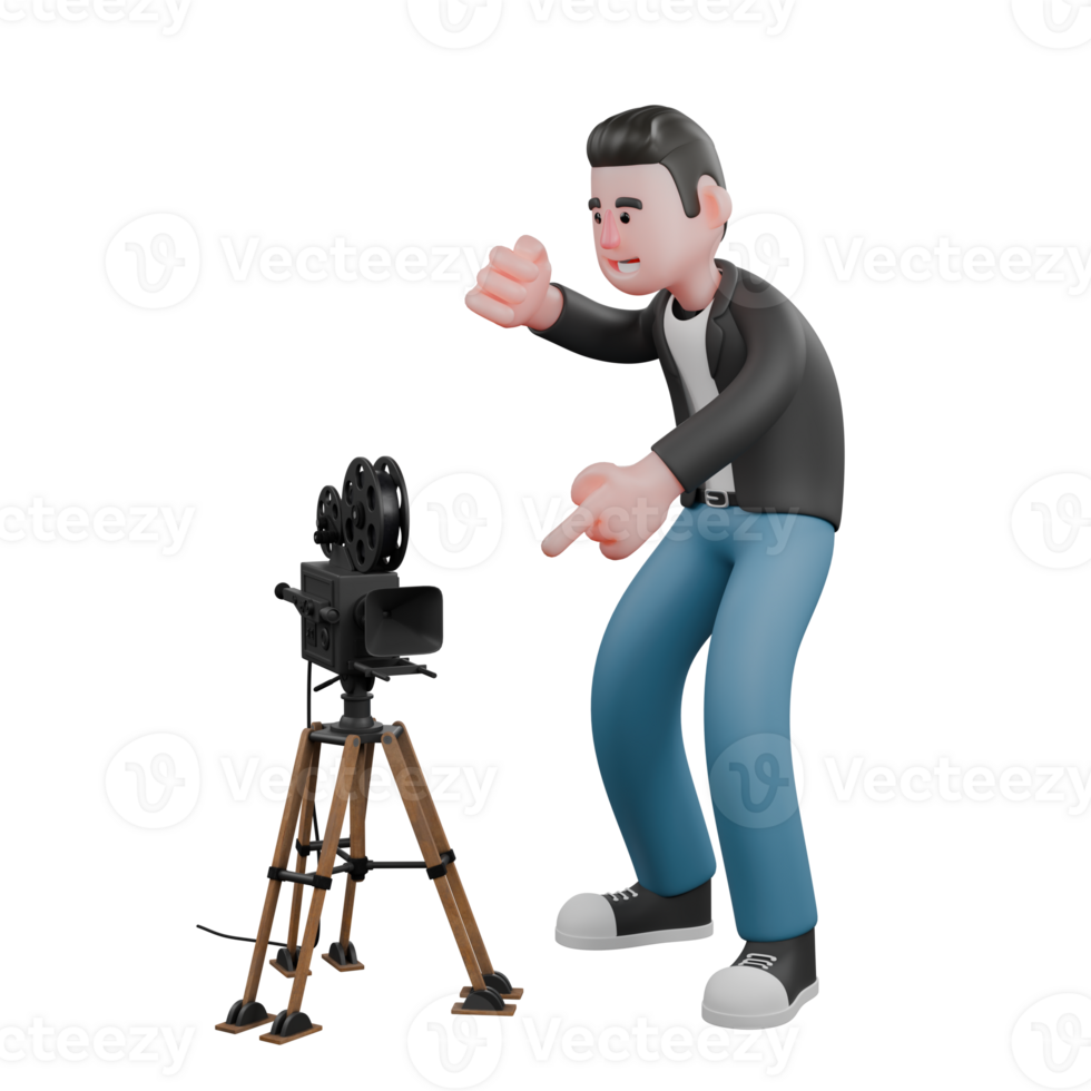 Cartoon Cameraman 3D Creative Artwork Design. A male cameraman is crouching in front of a cinema camera with his right hand clenched, and his left hand is pointing towards the camera. Illustration png