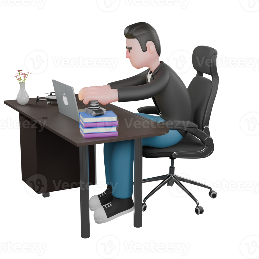 Creative 3D Artwork Design in Cartoon Style of Cameraman. A male cameraman sits on a chair with a laptop on the table while typing on the keyboard in both hands. Illustration png