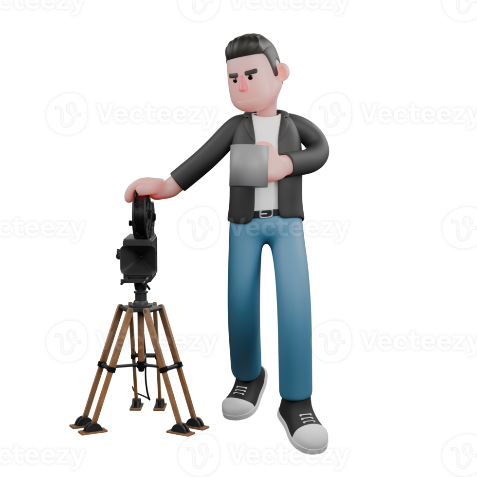 Cartoon Cameraman 3D Creative Artwork Design Model. A male cameraman is holding a cup of coffee in his left hand, and his right hand is touching the camera. Illustration png