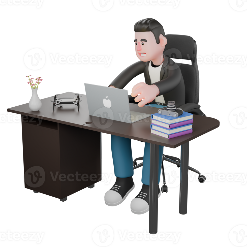 Cameraman Artwork in Creative 3D Cartoon Design Style. A male cameraman sits with his right hand typing on the keyboard and his left hand as if he wants to close the laptop. Creative Art png