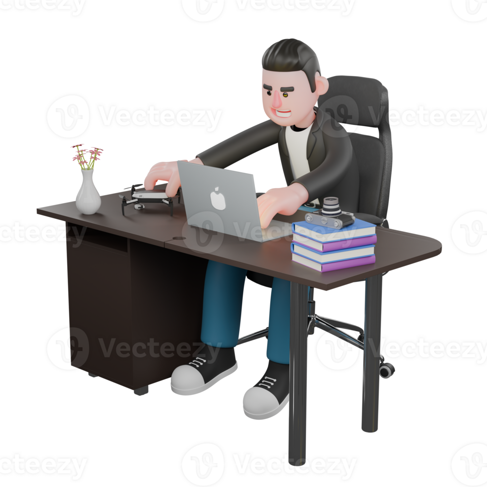 Cameraman Creative 3D Cartoon Design Style. A male cameraman sits on a chair with a laptop on the table while typing on the keyboard in his left hand, and his right hand wants to take a drone. png