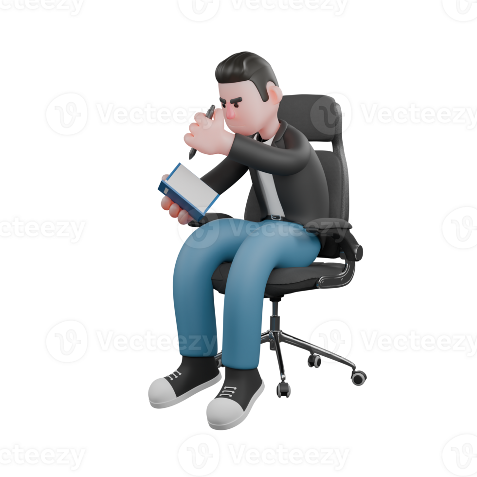Creative 3D Cameraman Cartoon Artwork Design Model. A male cameraman sits on a chair with a book and a pen in both hands, as if he wants to write. Illustration png