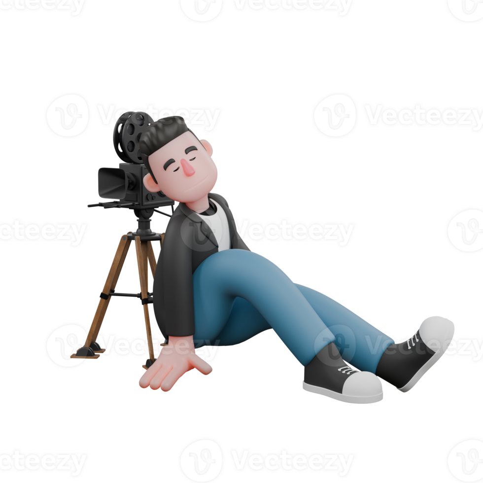 Cartoon Cameraman 3D Creative Artwork Design Model. A Male Cameraman sitting on the floor with his back against the film camera behind him, lazy expression . Illustration png