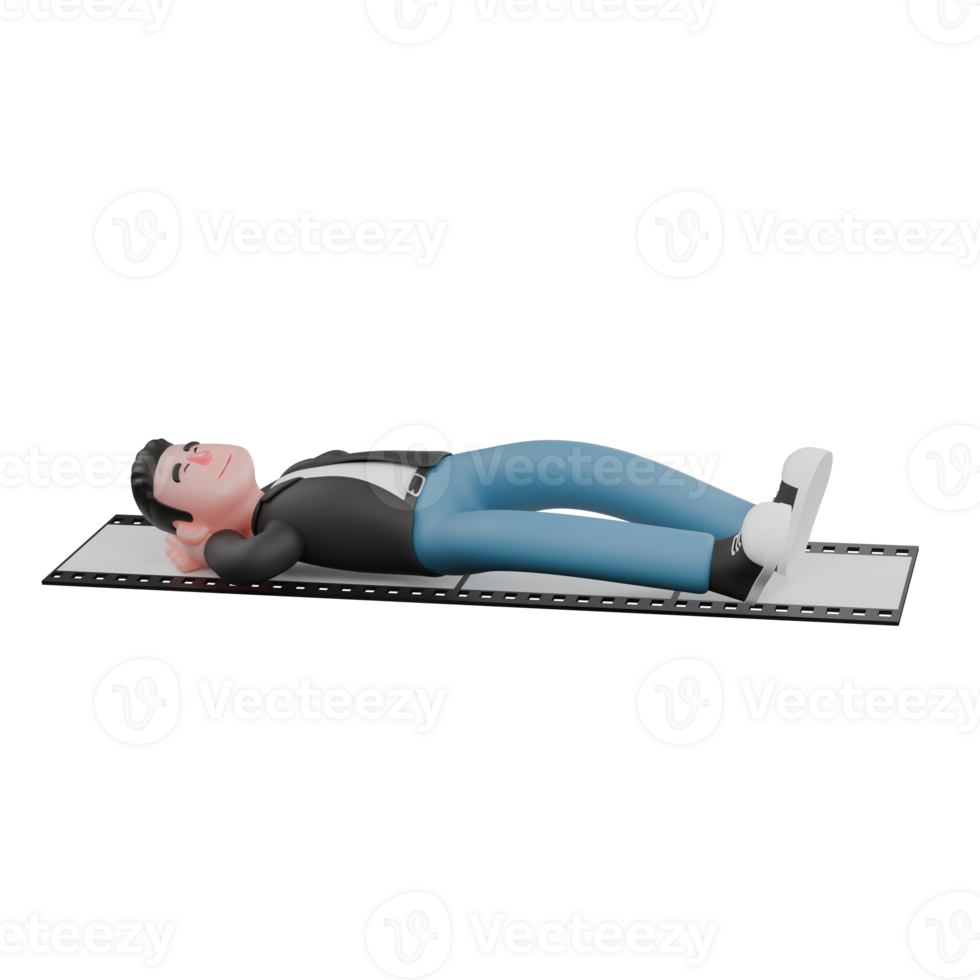 Creative 3D Artwork Design in Cartoon Style of Cameraman. A Male Cameraman lying on a film photo with his hands under his head, eyes closed, peaceful expression . Illustration png
