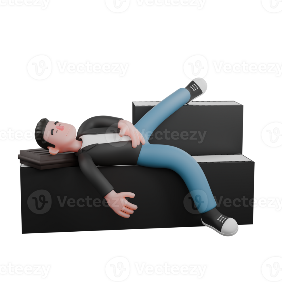 Creative 3D Cartoon Cameraman Artwork in Design Style. A Male Cameraman lying on a black box with one hand dangling to the floor and his head on a briefcase, expression of tiredness . Illustration png