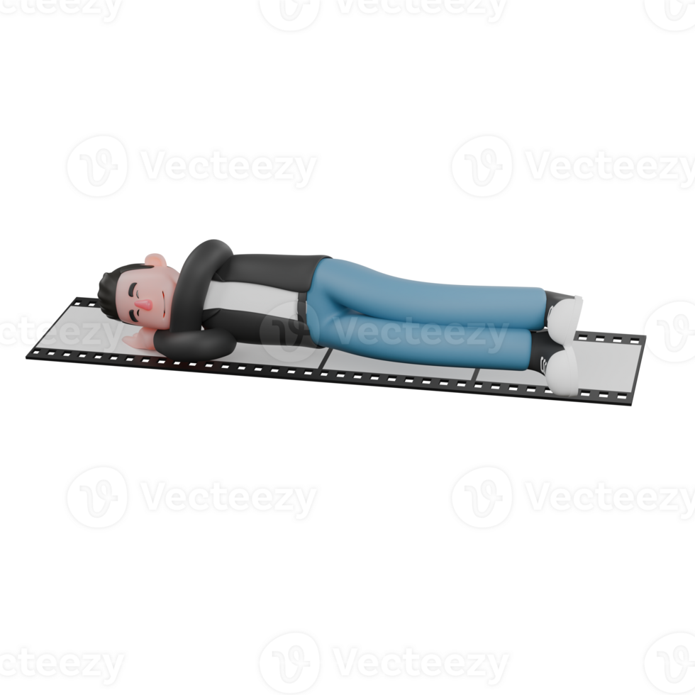 3D Creative Cartoon Cameraman Artwork Design Style Model. A Male Cameraman sleeping on his side on a film photo with his hand under his cheek, expression of comfort or calm . Illustration png