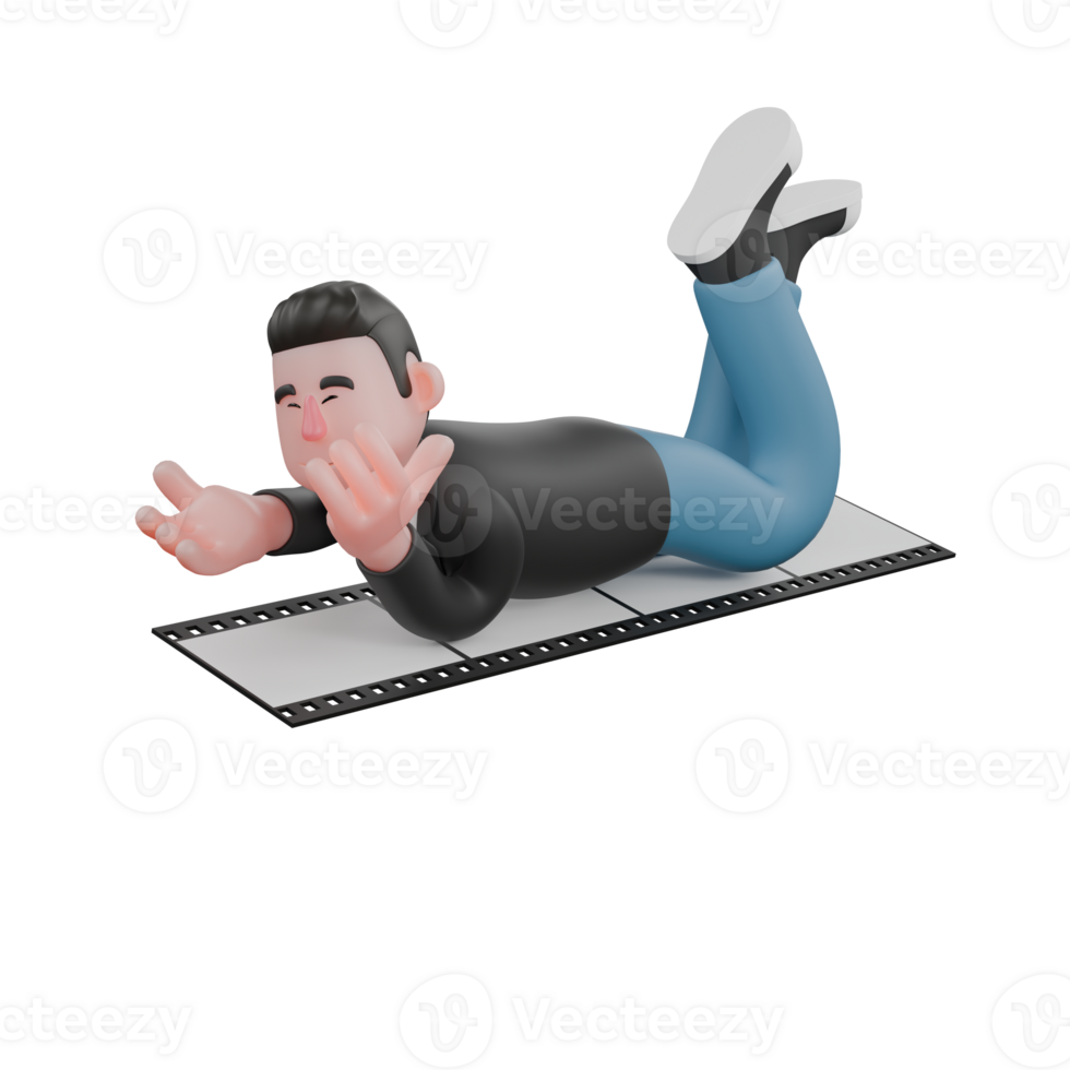 Cameraman Artwork in Creative 3D Cartoon Design Style. A Male Cameraman lying face down on a film photo bag with his left hand supporting his chin . Illustration png