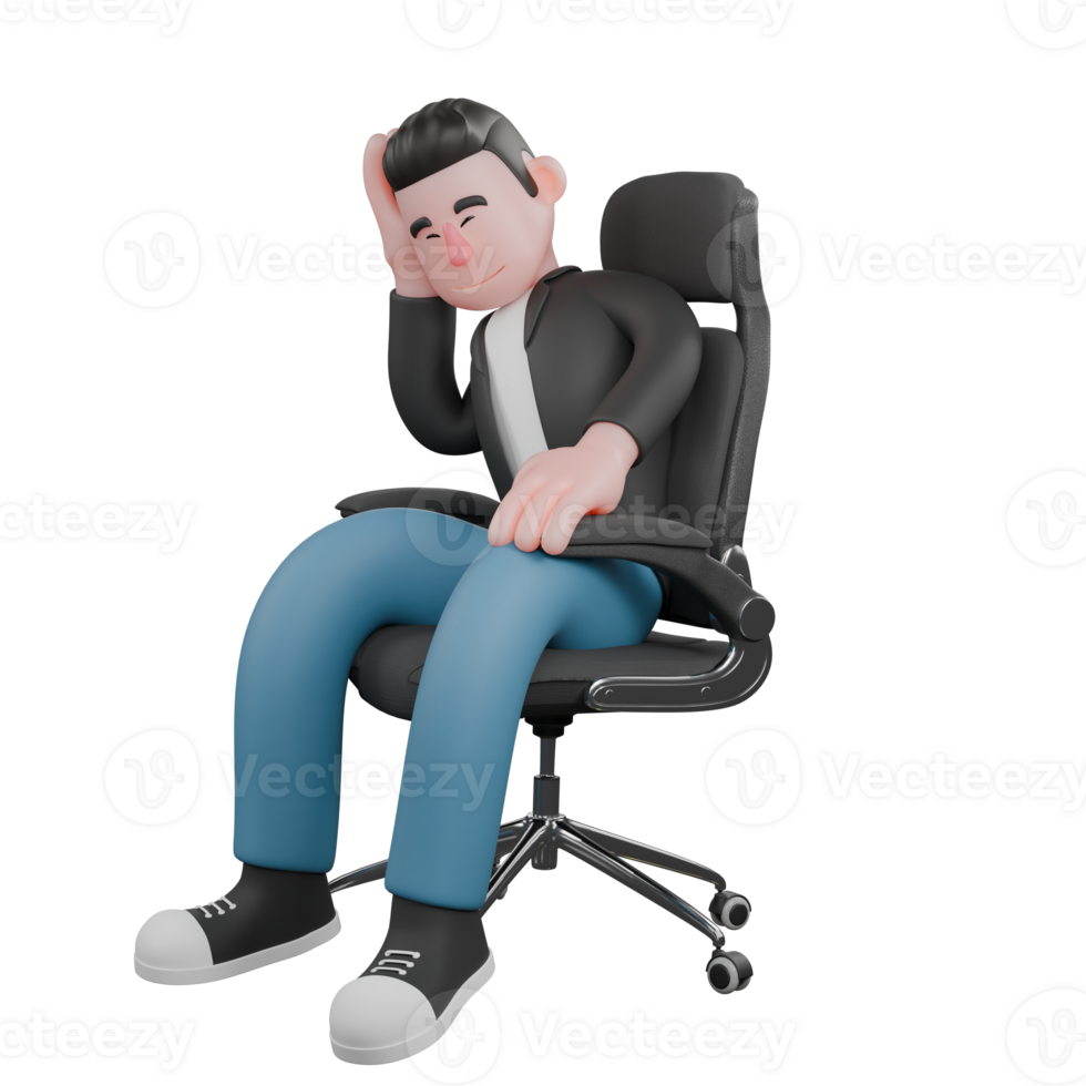 Cartoon Cameraman Design Style Creative Artwork 3D. A Male Cameraman sitting on a chair with his head tilted, one hand supporting his head, expression of boredom and laziness . Illustration png