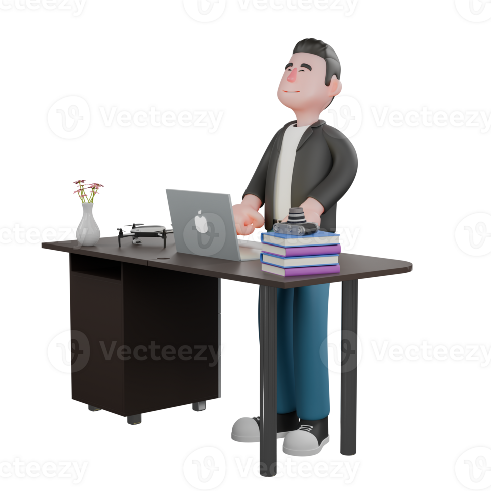 Cartoon Cameraman 3D Character Design. A male cameraman stands behind a work desk looking up with his eyes closed. Creative Art png