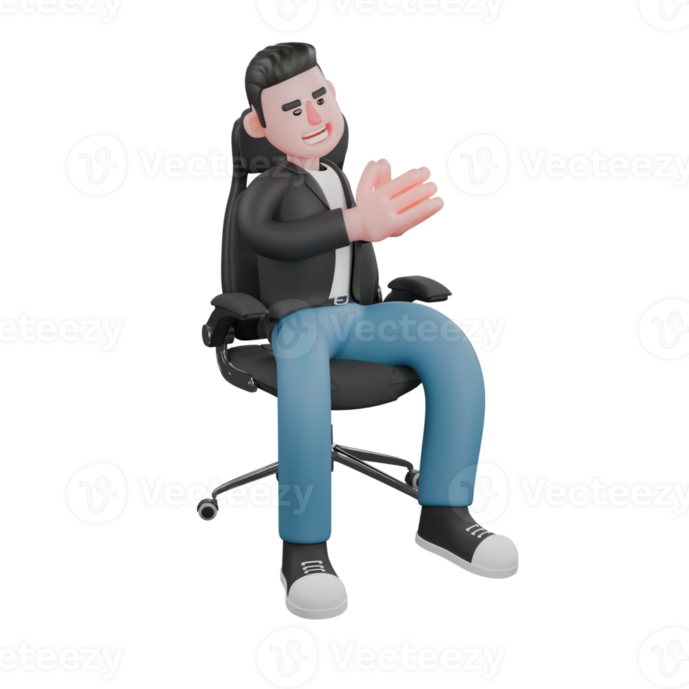 Cartoon Cameraman Design Style Creative Artwork 3D. A male cameraman sits on a chair with his hands clapped, his face beaming, his expression happy. Illustration . Illustration png