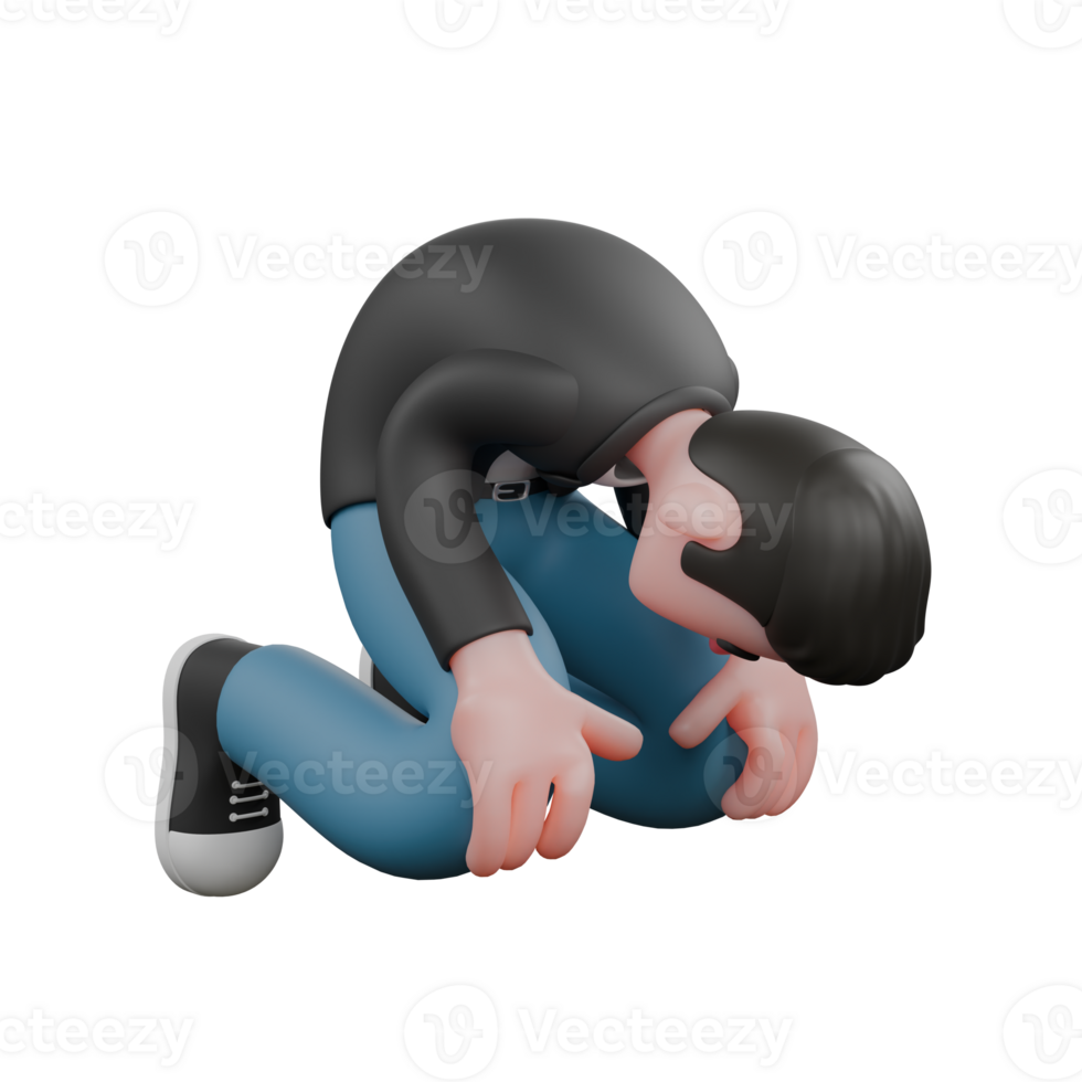 Creative 3D Cartoon Cameraman Artwork in Design Style. A Male Cameraman kneeling on the floor with his head on his knees, hands on his knees, shoulders shaking, expression of sadness . Illustration png