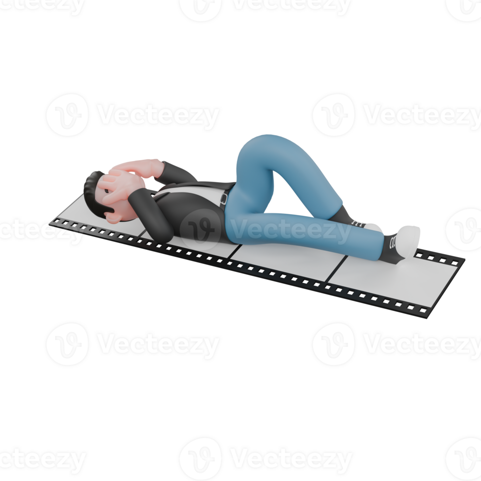Creative 3D Artwork Design in Cartoon Style of Cameraman. A Male Cameraman lying on a film still with his hands covering his face, tears flowing, expression of sadness . Illustration png