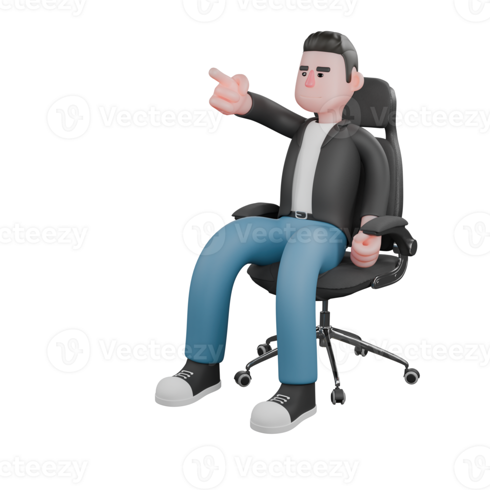 Cameraman Artwork in Creative 3D Cartoon Design Style. A Male Cameraman sits on a chair with his hand pointing, speaking with a serious expression . Illustration png