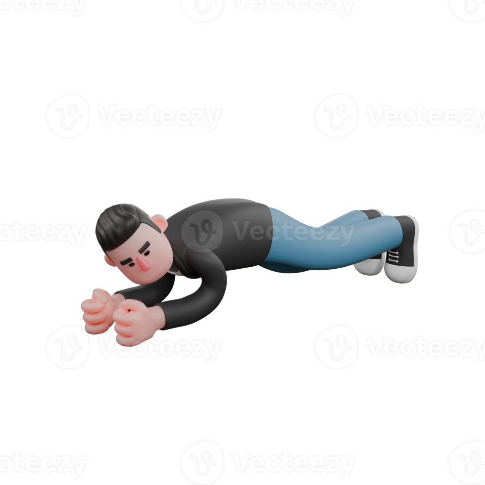 Creative Artwork Design of 3D Cartoon Cameraman Character. A Male Cameraman does a plank pose with both hands supporting his body, a concentrated expression . Illustration png