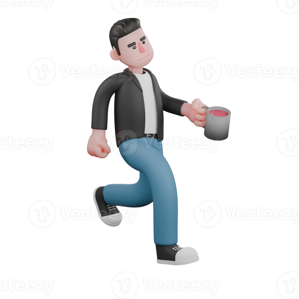 Cartoon Cameraman Design in Creative Style Artwork 3D. A Male Cameraman runs with one hand carrying a cup of coffee, an enthusiastic expression . Illustration png