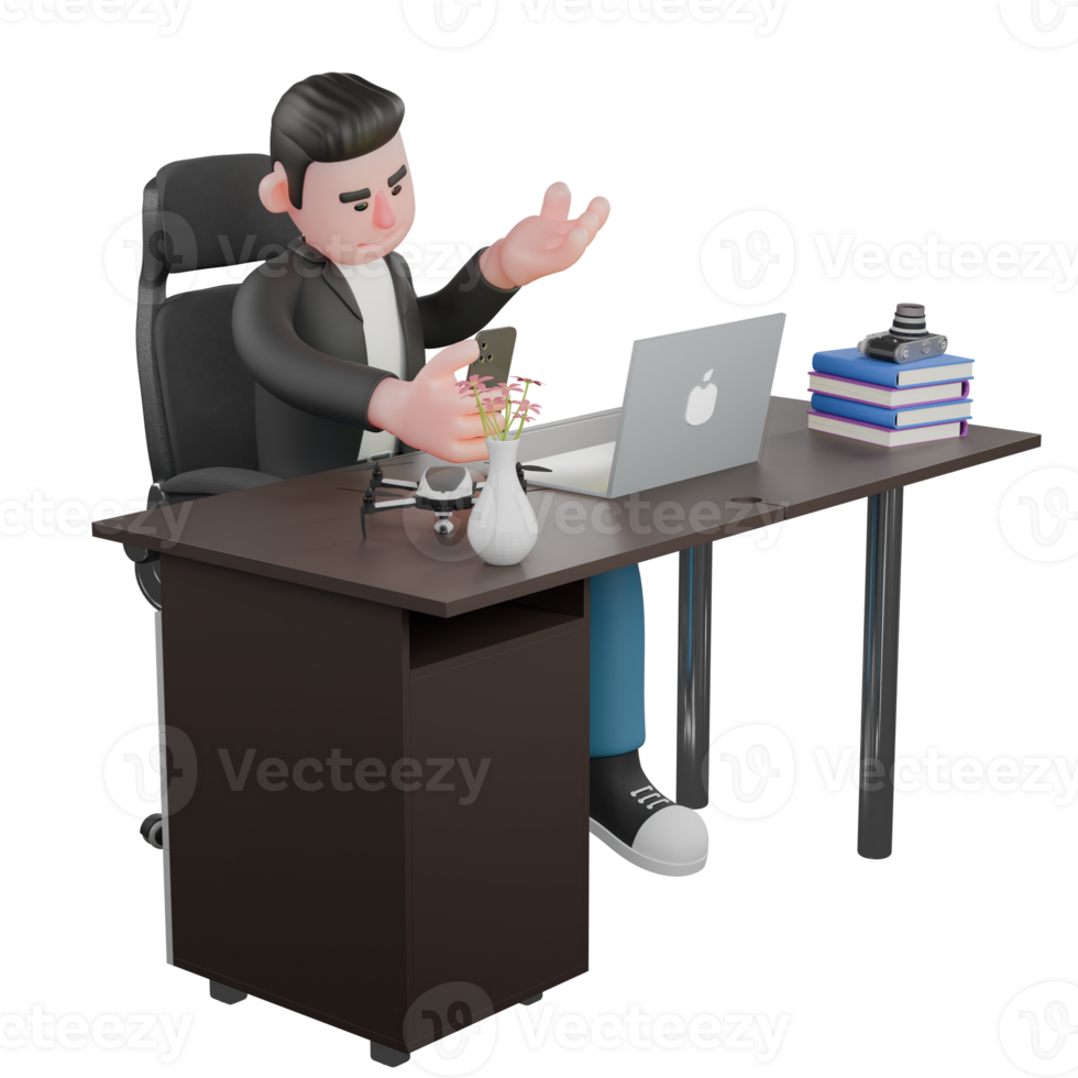 3D Creative Cartoon Cameraman Artwork Design Style Model. A Male Cameraman sits behind a desk with one hand holding a cellphone, a explaining expression . Illustration png